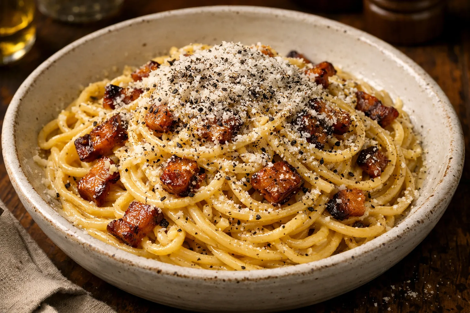 Plato terminado y emplatado: Carbonara auténtica romana (sin nata, solo yema, guanciale y pecorino)