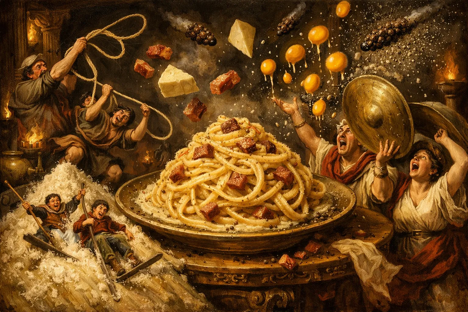Composición final humorística de Carbonara auténtica romana (sin nata, solo yema, guanciale y pecorino) con Spaghetti, Rigatoni o Mezze Maniche, Guanciale, Yemas de huevo, Pecorino Romano DOP rallado, Pimienta negra recién molida