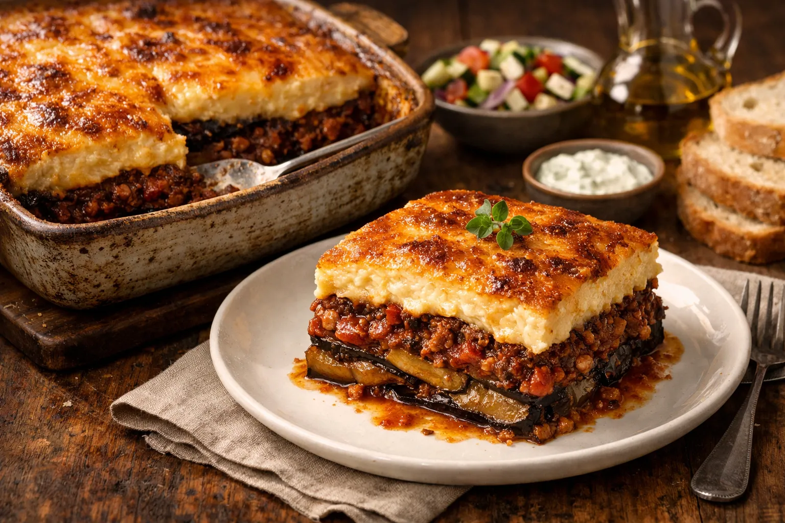 Plato terminado y emplatado: Moussaka griega clásica de berenjena y cordero con bechamel
