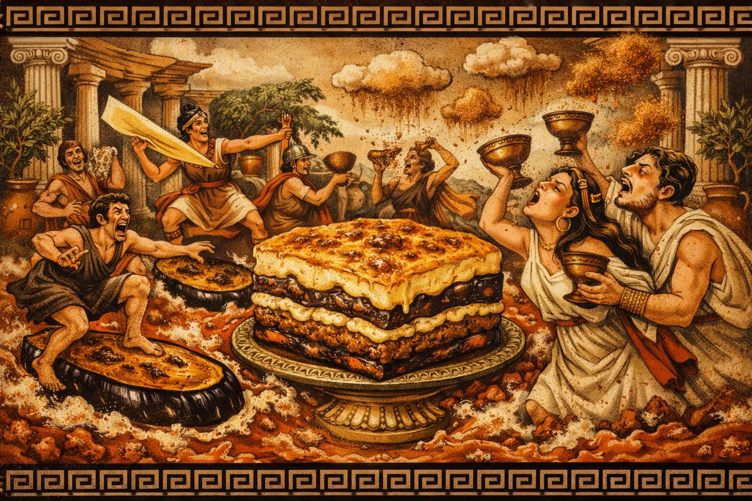 Composición final humorística de Moussaka griega clásica de berenjena y cordero con bechamel con Berenjenas grandes, Carne picada de cordero, Cebolla y ajo, Tomate triturado, Canela en polvo