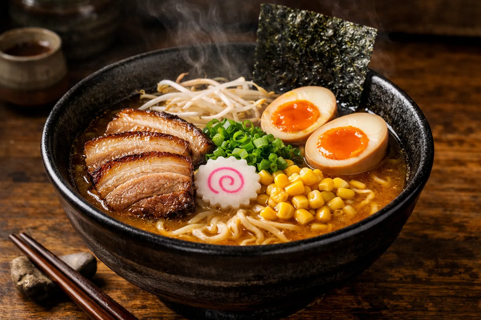 Plato terminado y emplatado: Ramen Miso con Chashu de cerdo y huevo marinado