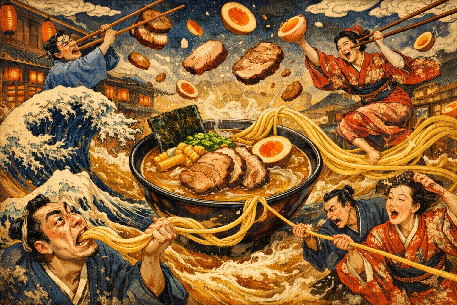 Composición final humorística de Ramen Miso con Chashu de cerdo y huevo marinado con Fideos de Ramen frescos, Panceta de cerdo en una pieza, Pasta de Miso, Caldo de pollo y/o dashi, Salsa de soja oscura