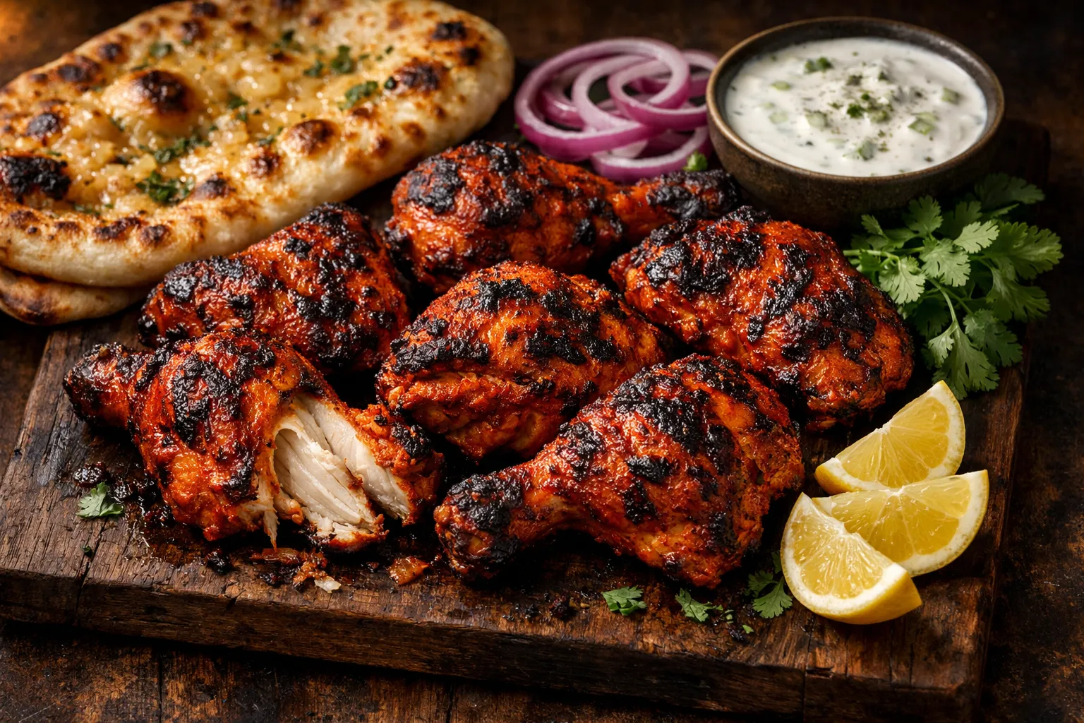 Plato terminado y emplatado: Pollo Tandoori rojo con naan de ajo y mantequilla