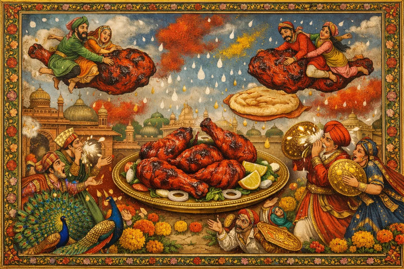 Composición final humorística de Pollo Tandoori rojo con naan de ajo y mantequilla con Muslos y contramuslos de pollo deshuesados, Yogur natural espeso, Zumo de limón fresco, Garam Masala, Pimentón de Cachemira (o pimentón dulce)