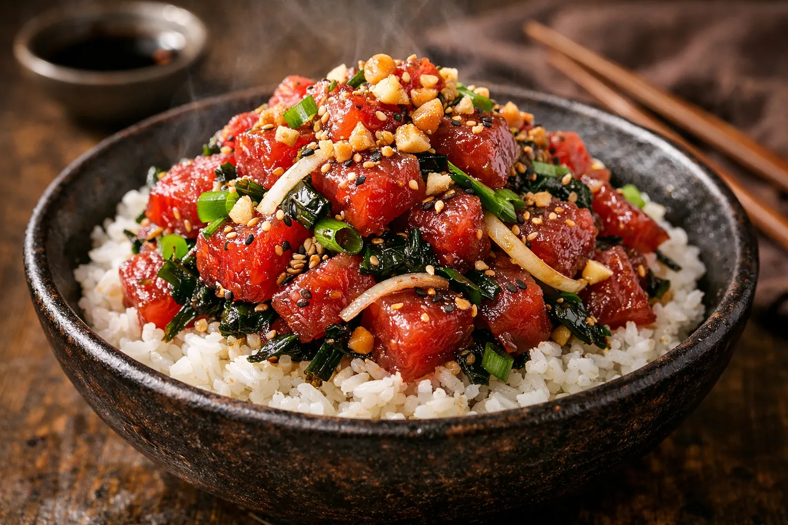 Plato terminado y emplatado: Poke Bowl hawaiano auténtico de atún Ahi