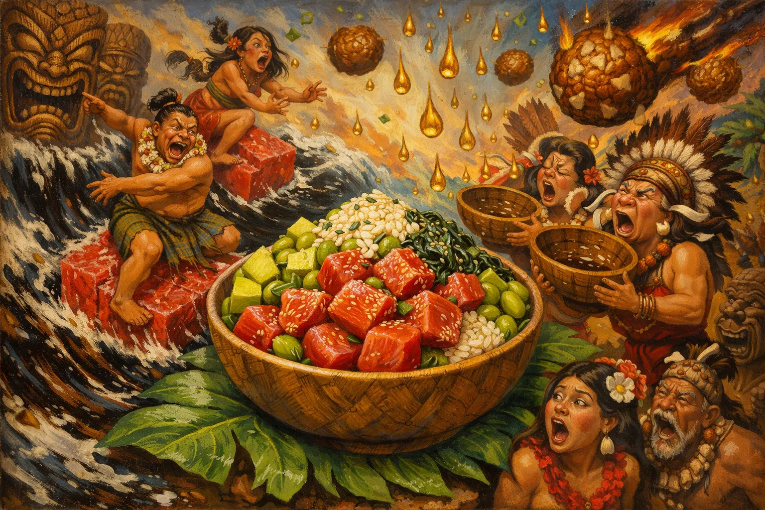 Composición final humorística de Poke Bowl hawaiano auténtico de atún Ahi con Atún rojo fresco calidad sashimi, Arroz de sushi, Salsa de soja (Shoyu), Aceite de sésamo tostado, Nueces de Macadamia crudas (o Kukui)