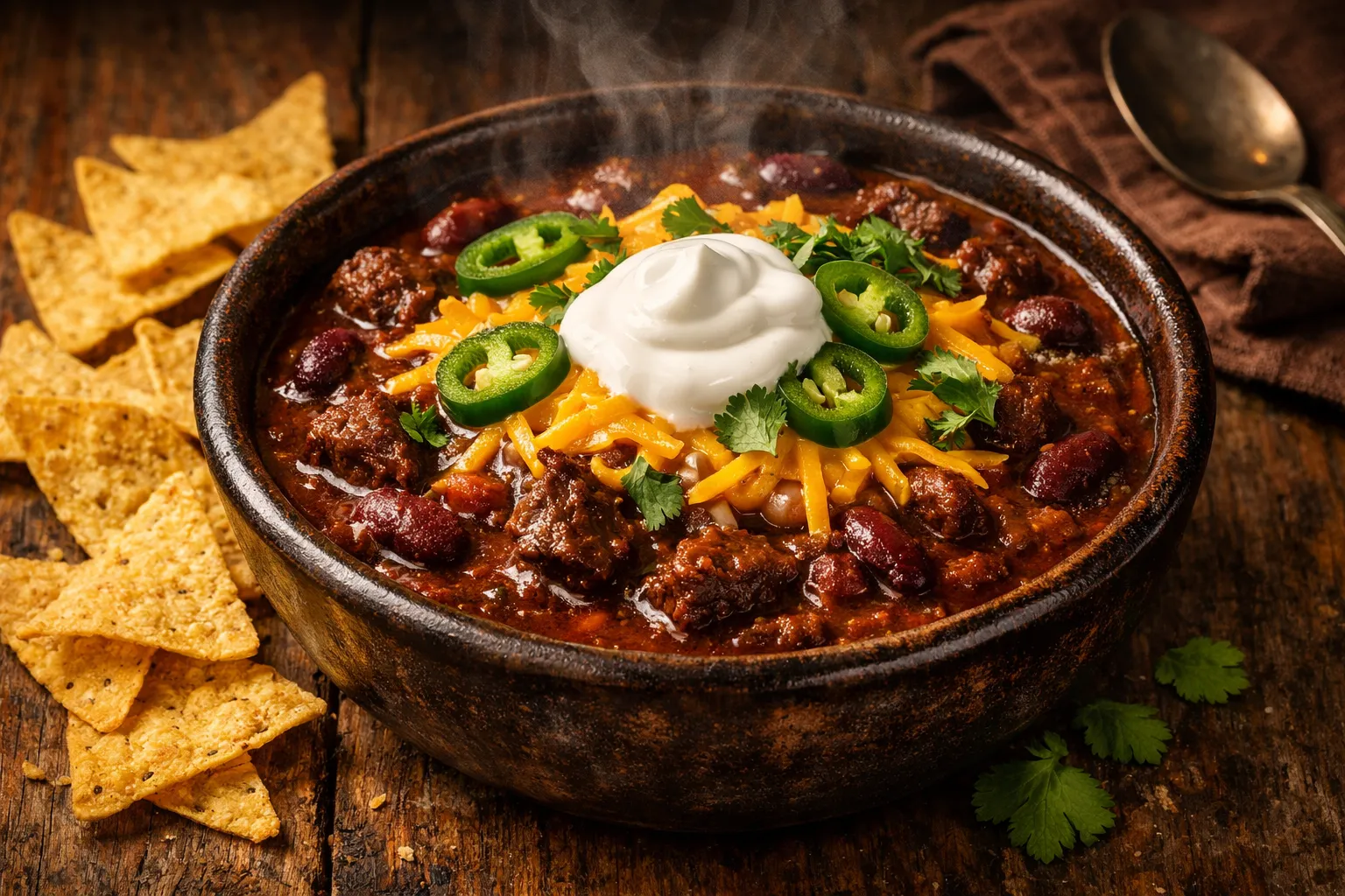 Plato terminado y emplatado: Chili con carne Tex-Mex auténtico a fuego lento