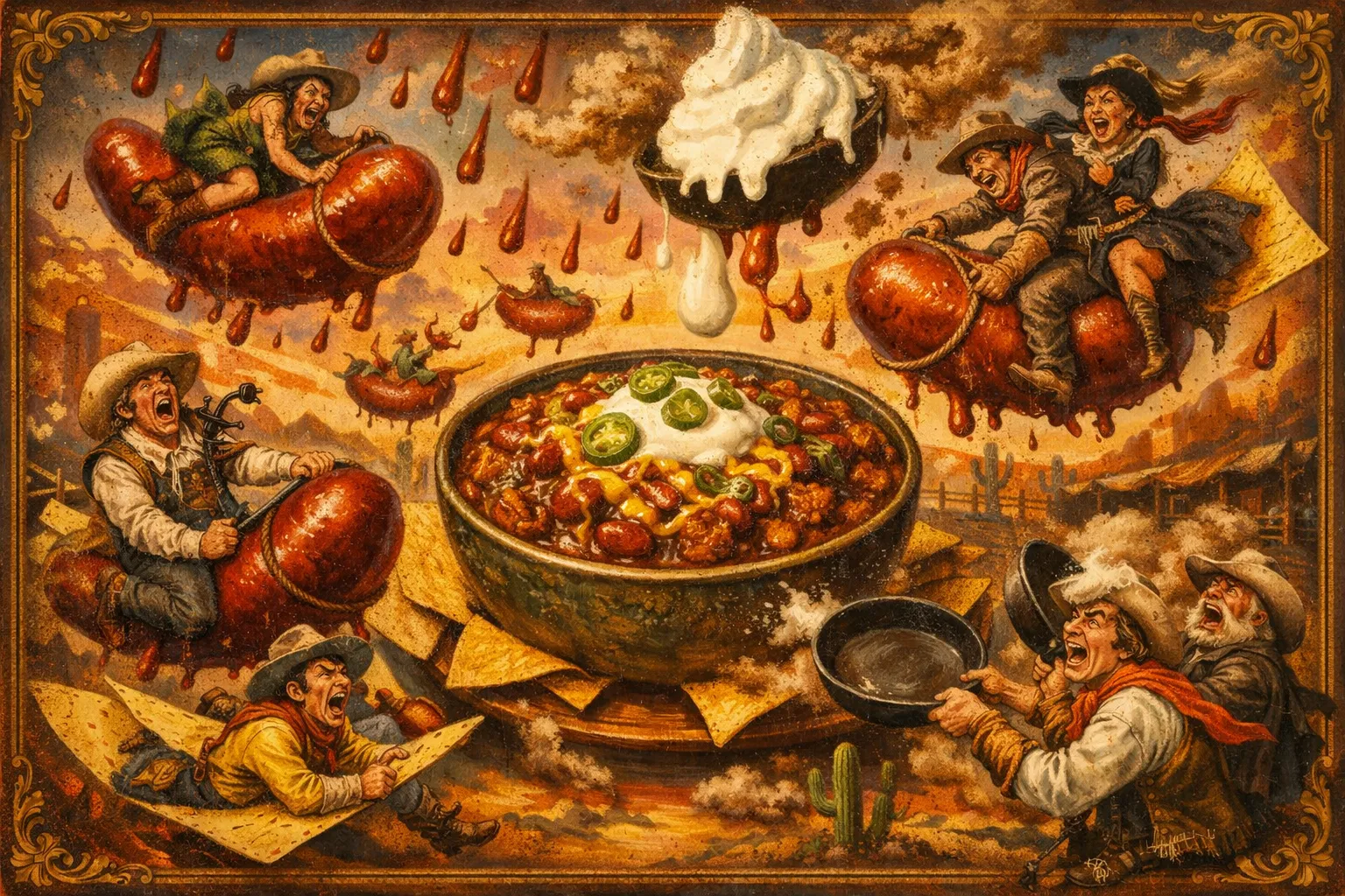 Composición final humorística de Chili con carne Tex-Mex auténtico a fuego lento con Carne de ternera (aguja o espaldilla), Chiles mexicanos secos (Guajillo, Ancho y Pasilla), Caldo de carne (res) caliente, Frijoles rojos o pintos (cocidos y escurridos), Tomate triturado natural o en dados