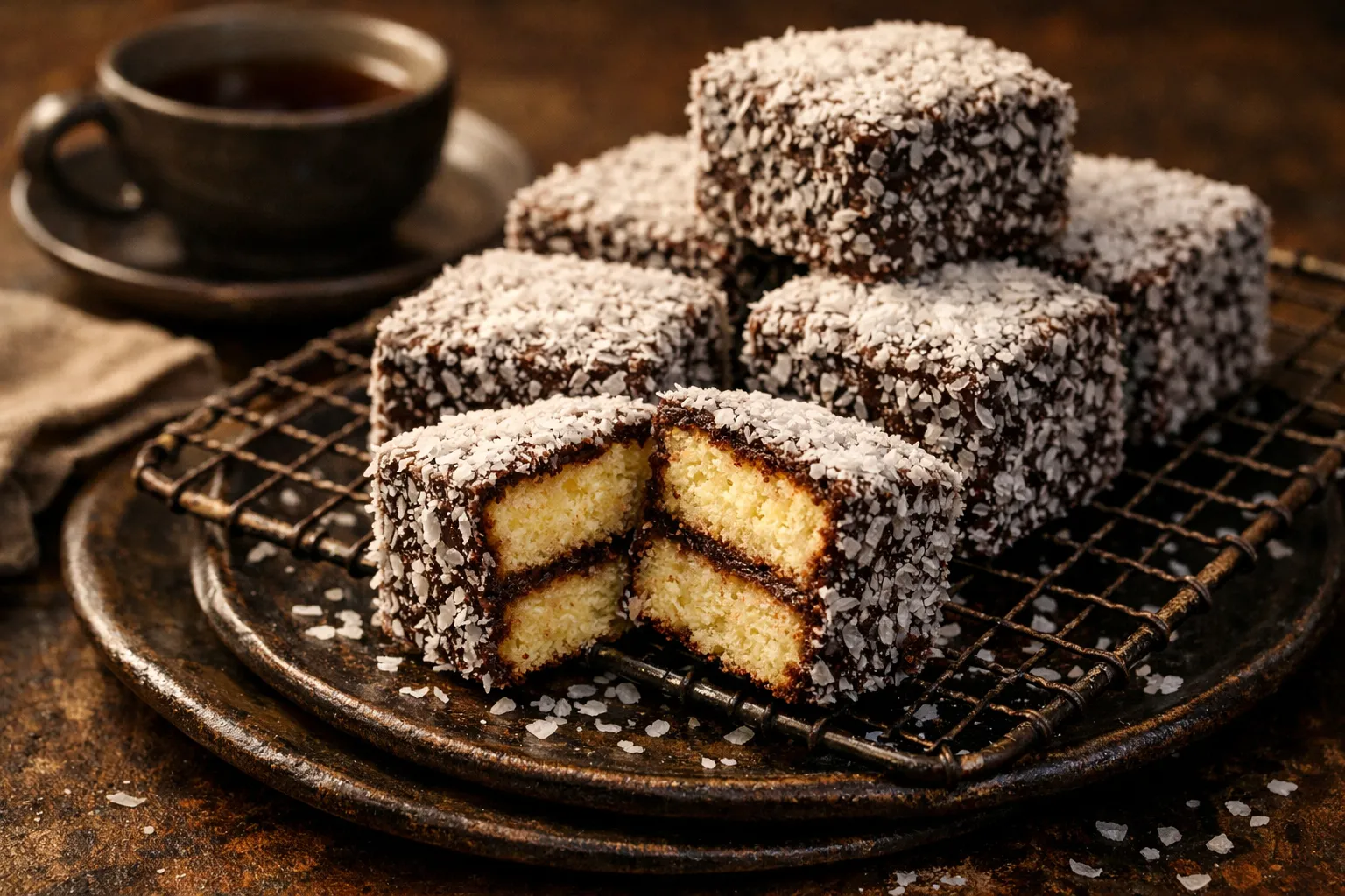 Plato terminado y emplatado: Lamingtons auténticos: Bizcocho bañado en chocolate y coco