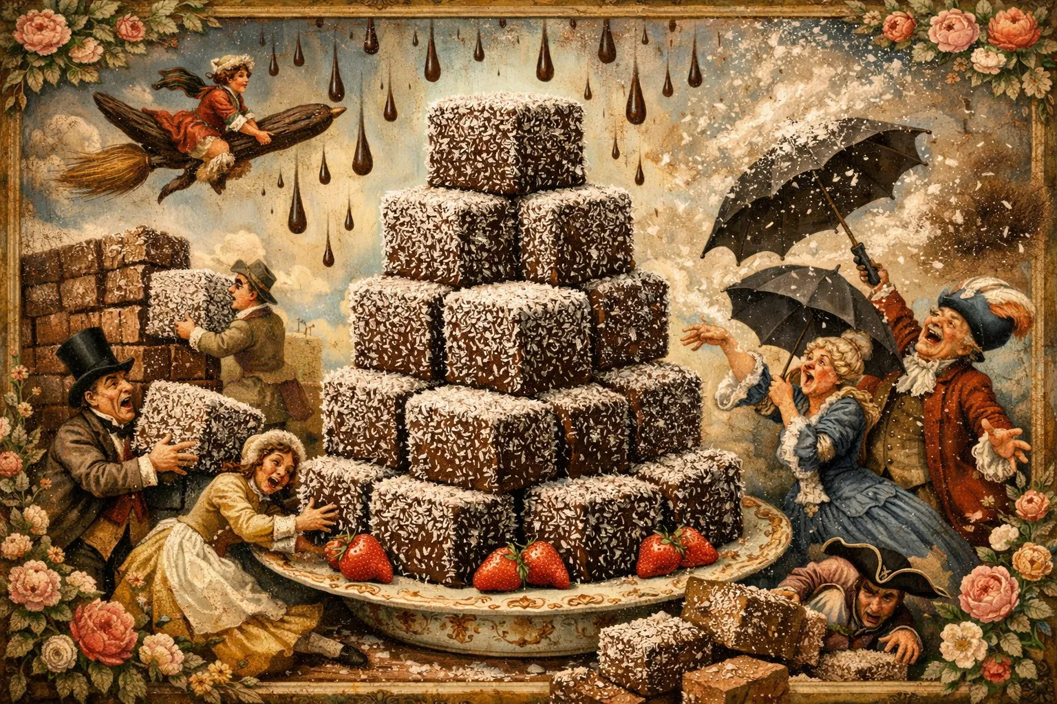 Composición final humorística de Lamingtons auténticos: Bizcocho bañado en chocolate y coco con Harina de trigo de repostería (floja), Azúcar blanco refinado, Mantequilla sin sal, Huevos grandes (L), Leche entera