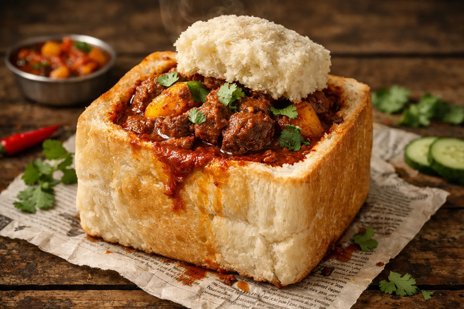 Plato terminado y emplatado: Bunny Chow auténtico: Curry de Durban en pan vaciado