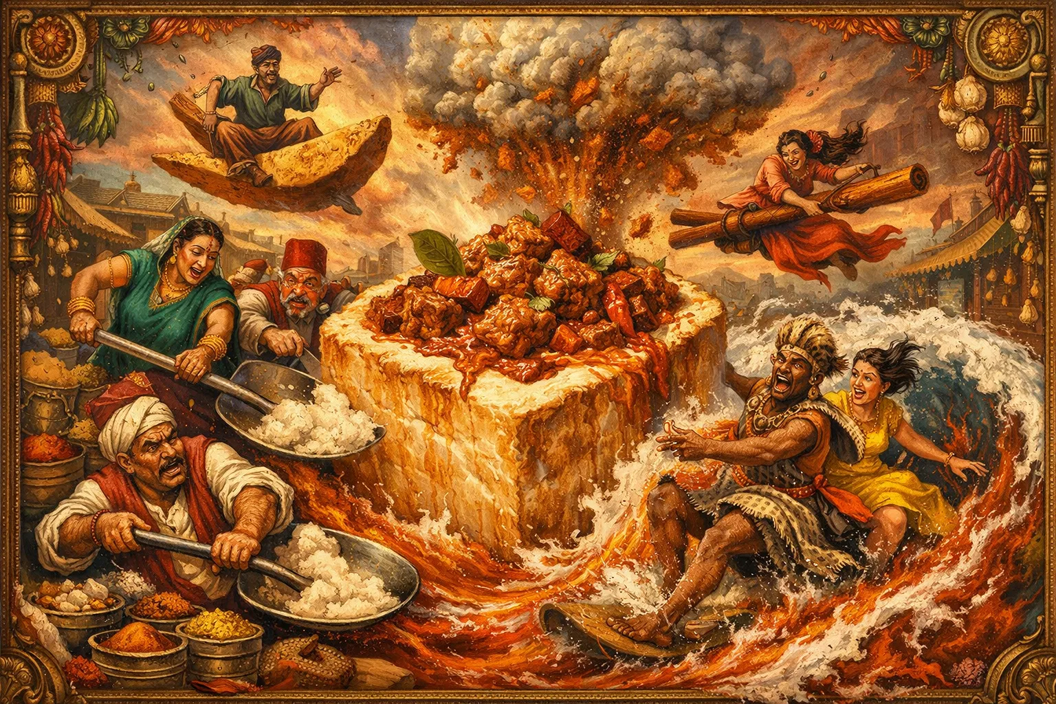 Composición final humorística de Bunny Chow auténtico: Curry de Durban en pan vaciado con Cordero (hombro o pierna deshuesada), Hogazas de pan de molde blanco sin rebanar, Patatas medianas, peladas y cortadas en cuartos grandes, Cebolla grande picada fina, Tomates maduros triturados o picados