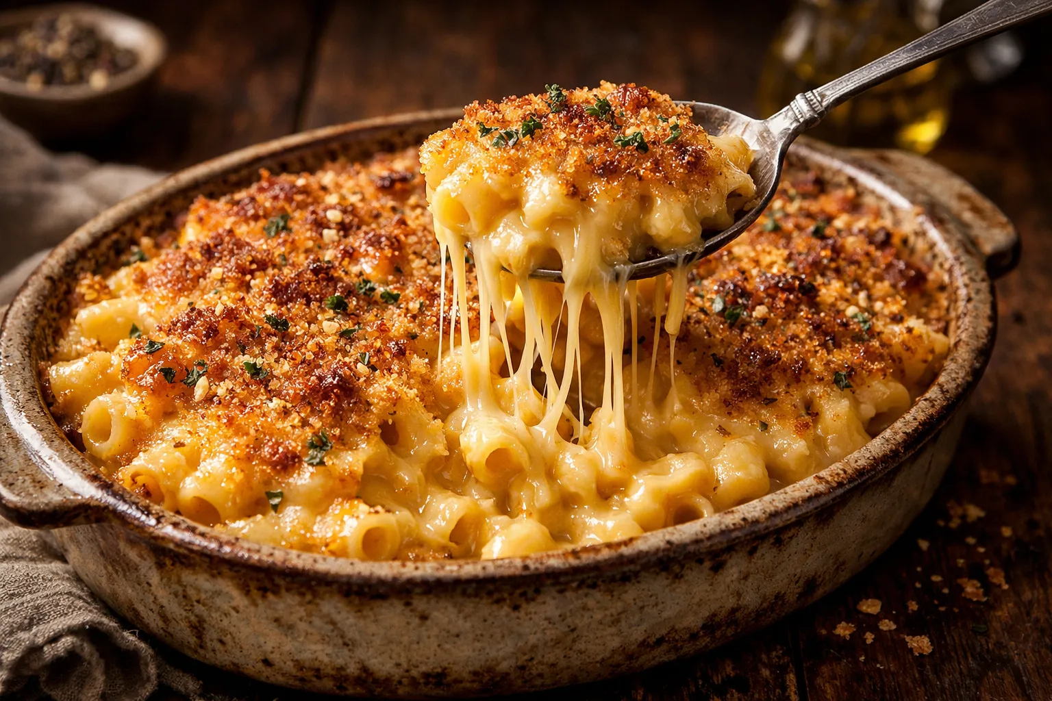 Plato terminado y emplatado: Mac & Cheese gourmet al horno con costra y trufa