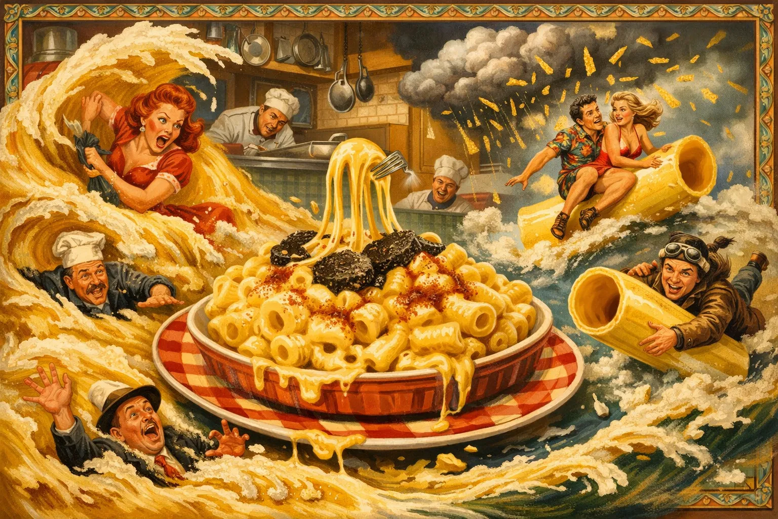 Composición final humorística de Mac & Cheese gourmet al horno con costra y trufa con Macarrones cortos huecos, Queso Cheddar curado (rallado a mano), Queso Gruyère o Fontina (rallado a mano), Mantequilla sin sal, Harina de trigo de todo uso