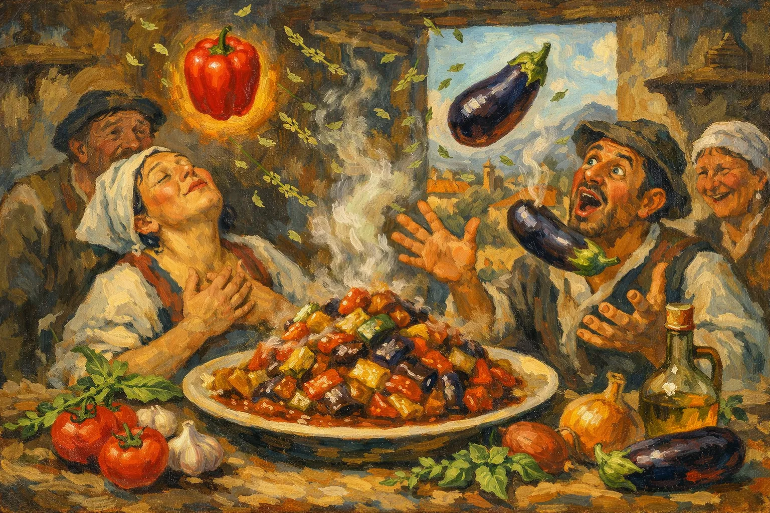 Composición final humorística de Ratatouille provenzal tradicional al horno con Berenjena mediana, Calabacín verde o amarillo, Pimiento rojo asado o fresco, Tomates pera maduros, Cebolla dulce