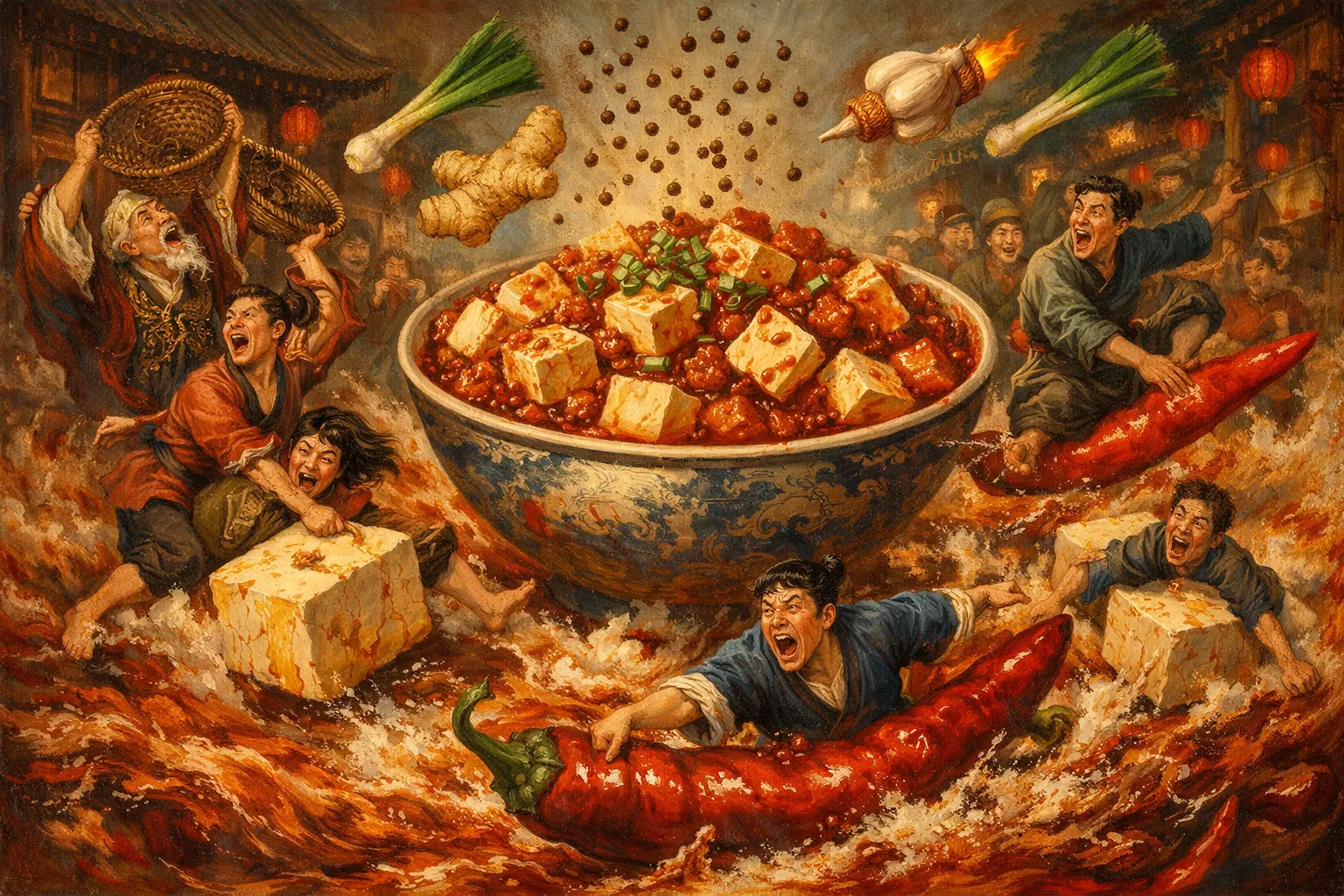 Composición final humorística de Mapo Tofu auténtico de Sichuan con Tofu sedoso (Silken Tofu), Carne picada (ternera o cerdo con grasa), Doubanjiang (pasta picante de habas fermentadas de Pixian), Douchi (frijoles negros fermentados), Polvo de Chile de Sichuan (tostado)