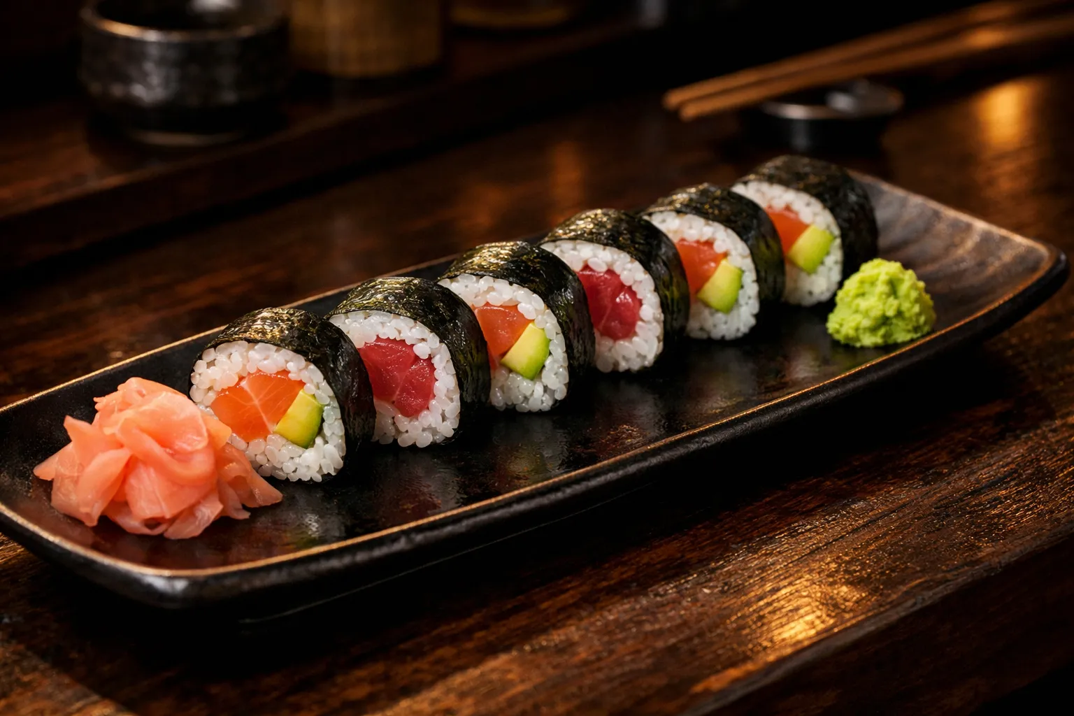 Plato terminado y emplatado: Maki Sushi tradicional: Salmón, Atún y Aguacate