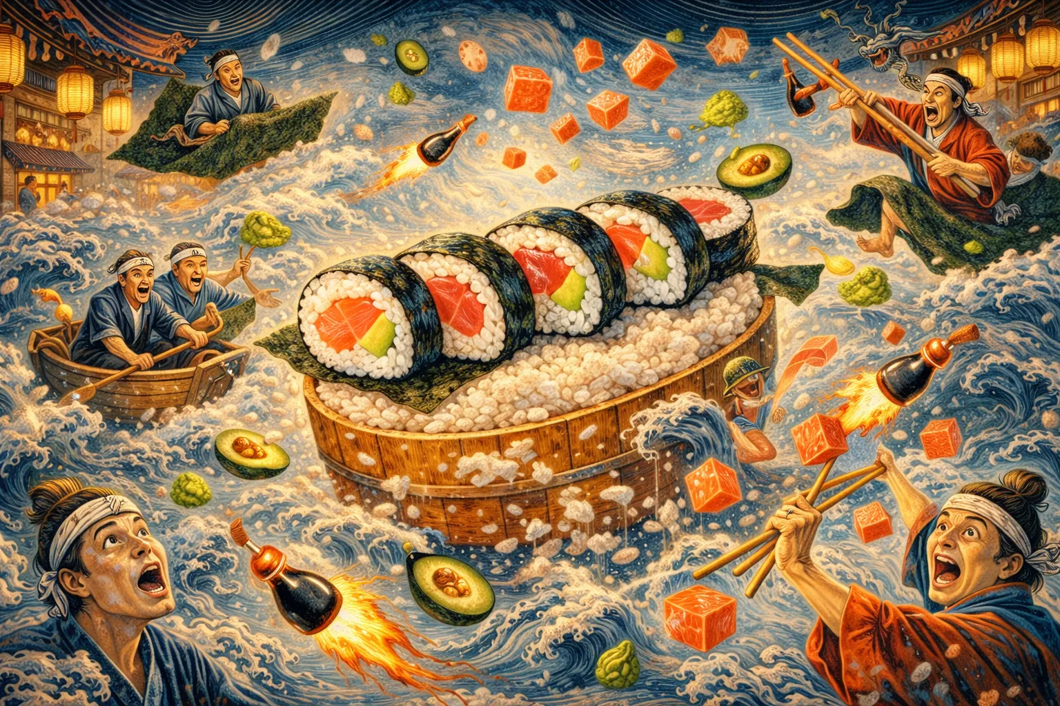 Composición final humorística de Maki Sushi tradicional: Salmón, Atún y Aguacate con Arroz de grano corto para sushi (Japónica), Vinagre de arroz, Azúcar blanco, Sal fina, Algas Nori tostadas
