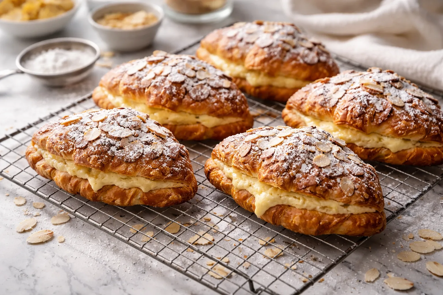Plato terminado y emplatado: Croissants rellenos de crema de almendra