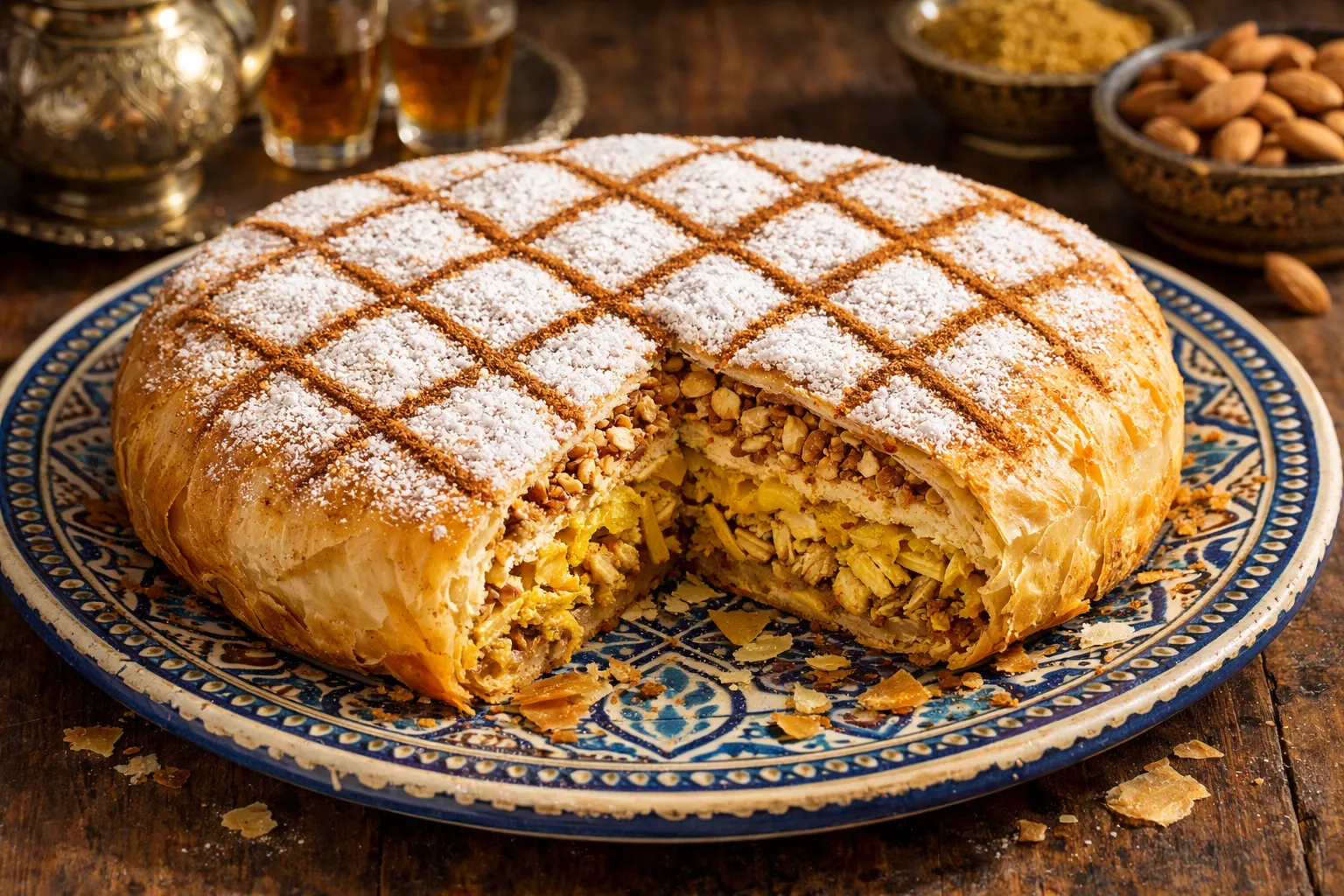 Plato terminado y emplatado: Pastilla de pollo (Bastela) marroquí