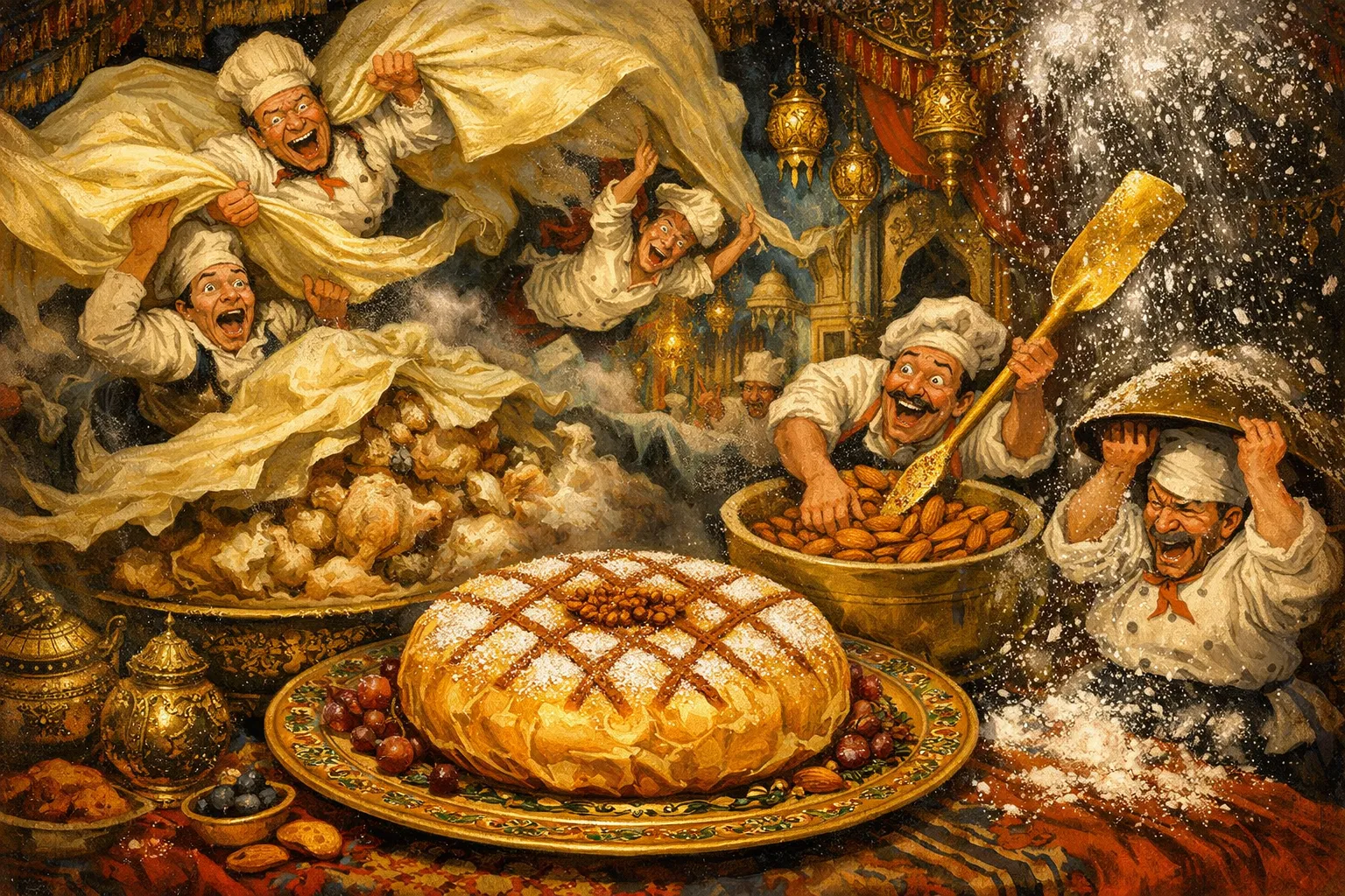 Composición final humorística de Pastilla de pollo (Bastela) marroquí con Pollo de corral (troceado, sin piel pero con huesos para aportar colágeno), Cebollas grandes (finamente picadas), Huevos camperos, Almendras crudas peladas, Hojas de pasta filo (o pasta warka marroquí)