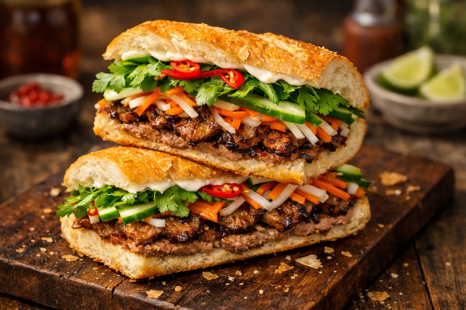 Plato terminado y emplatado: Banh Mi de cerdo a la parrilla y encurtidos