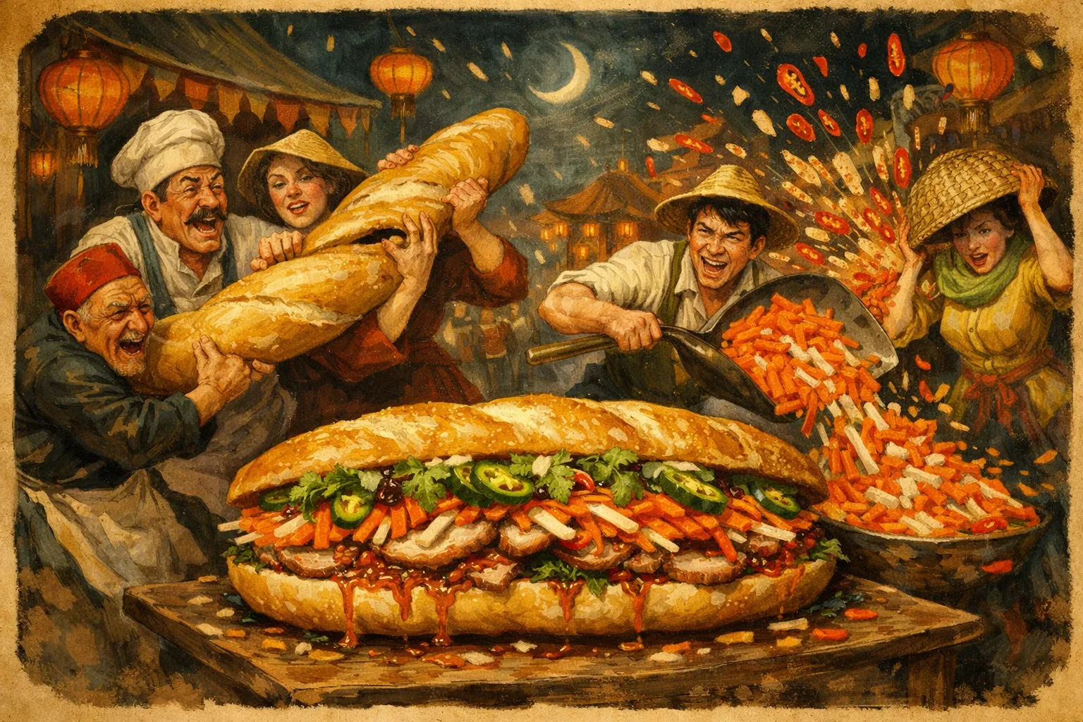 Composición final humorística de Banh Mi de cerdo a la parrilla y encurtidos con Baguettes tipo vietnamita (muy ligeras y de corteza fina y crujiente), Cabecero de lomo o panceta de cerdo deshuesada (en filetes muy finos), Paté de hígado de cerdo de buena calidad, Mayonesa buena (preferiblemente casera o estilo Kewpie), Zanahoria (cortada en juliana fina)