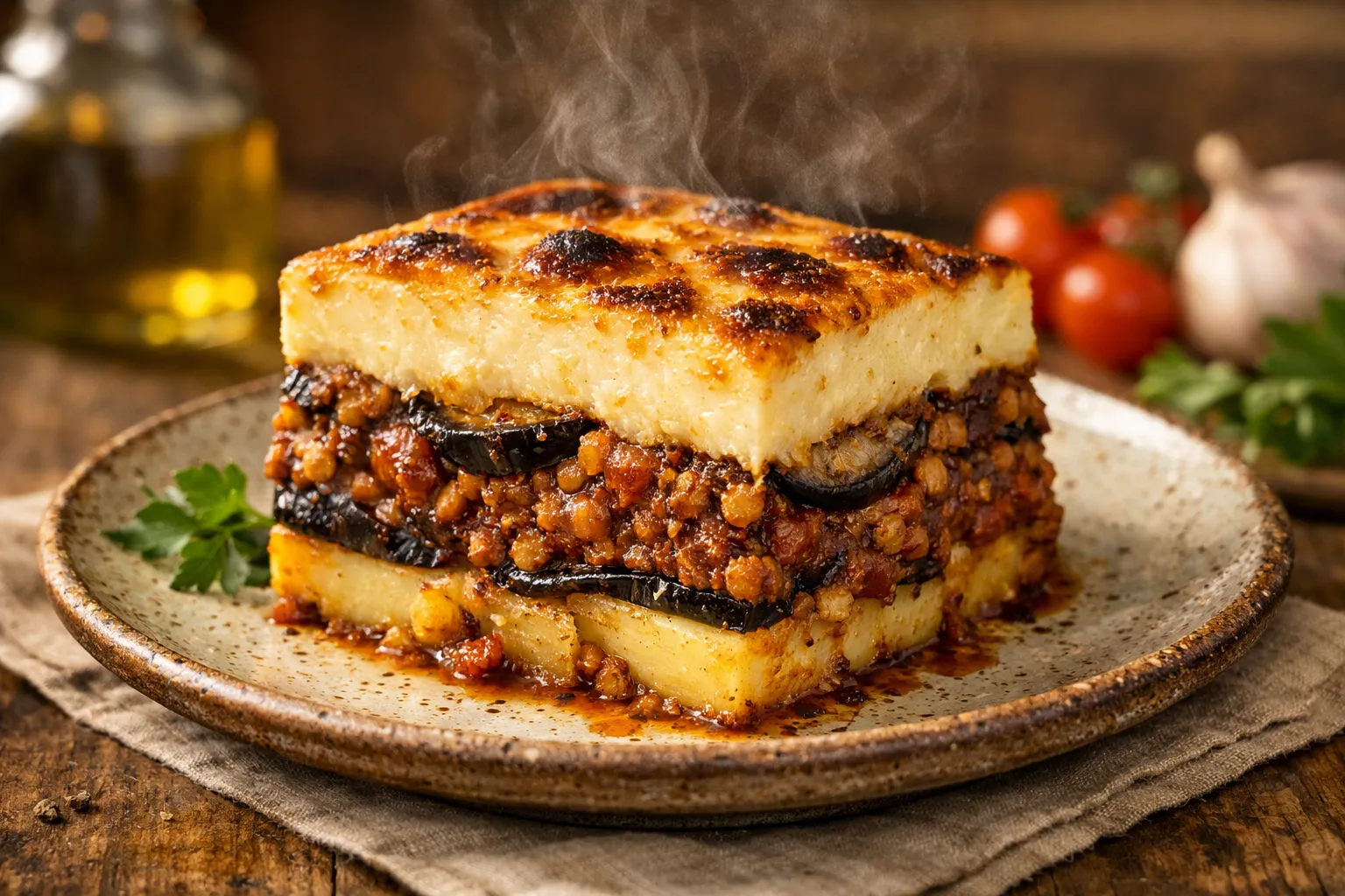 Plato terminado y emplatado: Moussaka vegetariana de lentejas