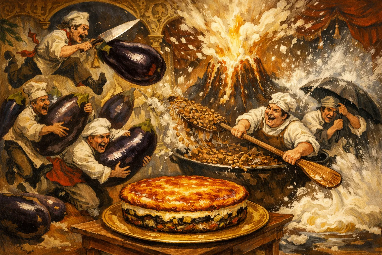 Composición final humorística de Moussaka vegetariana de lentejas con Berenjenas (cortadas en rodajas de 1 cm, a lo largo), Patatas medianas (peladas y cortadas en rodajas de medio cm), Lentejas pardinas o tipo beluga (crudas, bien lavadas), Tomate triturado (o passata rústica), Cebollas (finamente picadas)