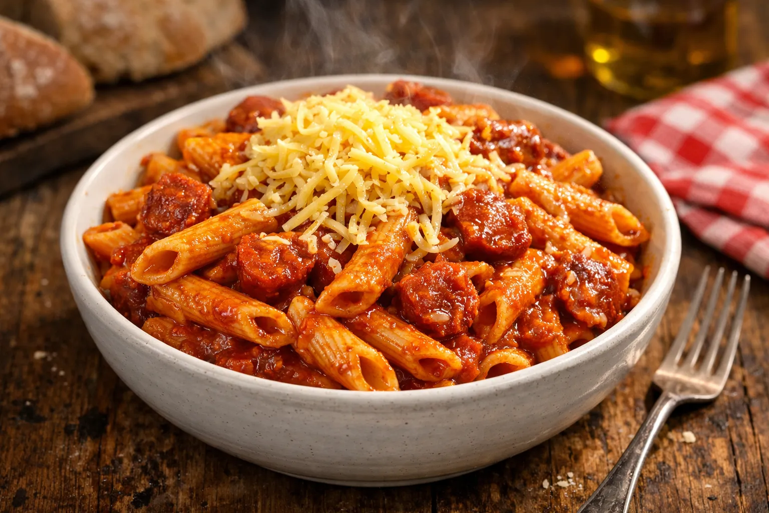 Plato terminado y emplatado: Macarrones con chorizo y tomate (estilo abuela)