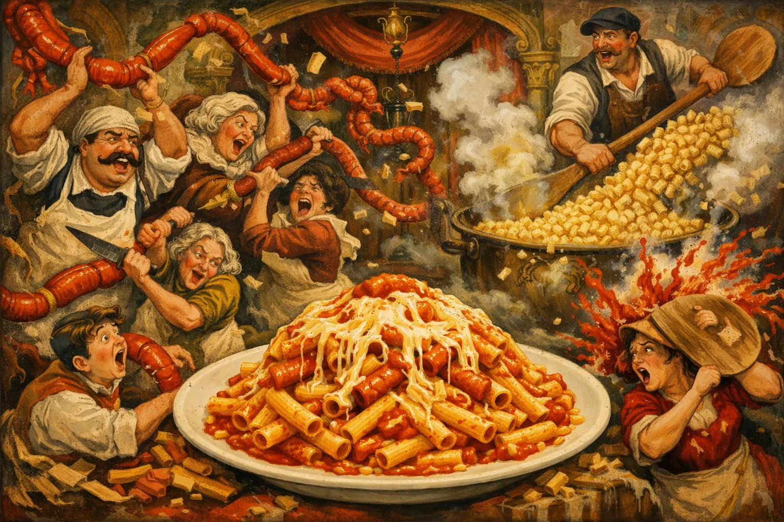 Composición final humorística de Macarrones con chorizo y tomate (estilo abuela) con Macarrones (tipo plumas ralladas / penne rigate para retener salsa), Chorizo fresco o tierno dulce (pelado y cortado en rodajas o media lunas), Tomate triturado natural (o tomate entero pelado de lata grueso), Cebolla (picada muy finamente), Ajo (picado muy finamente)