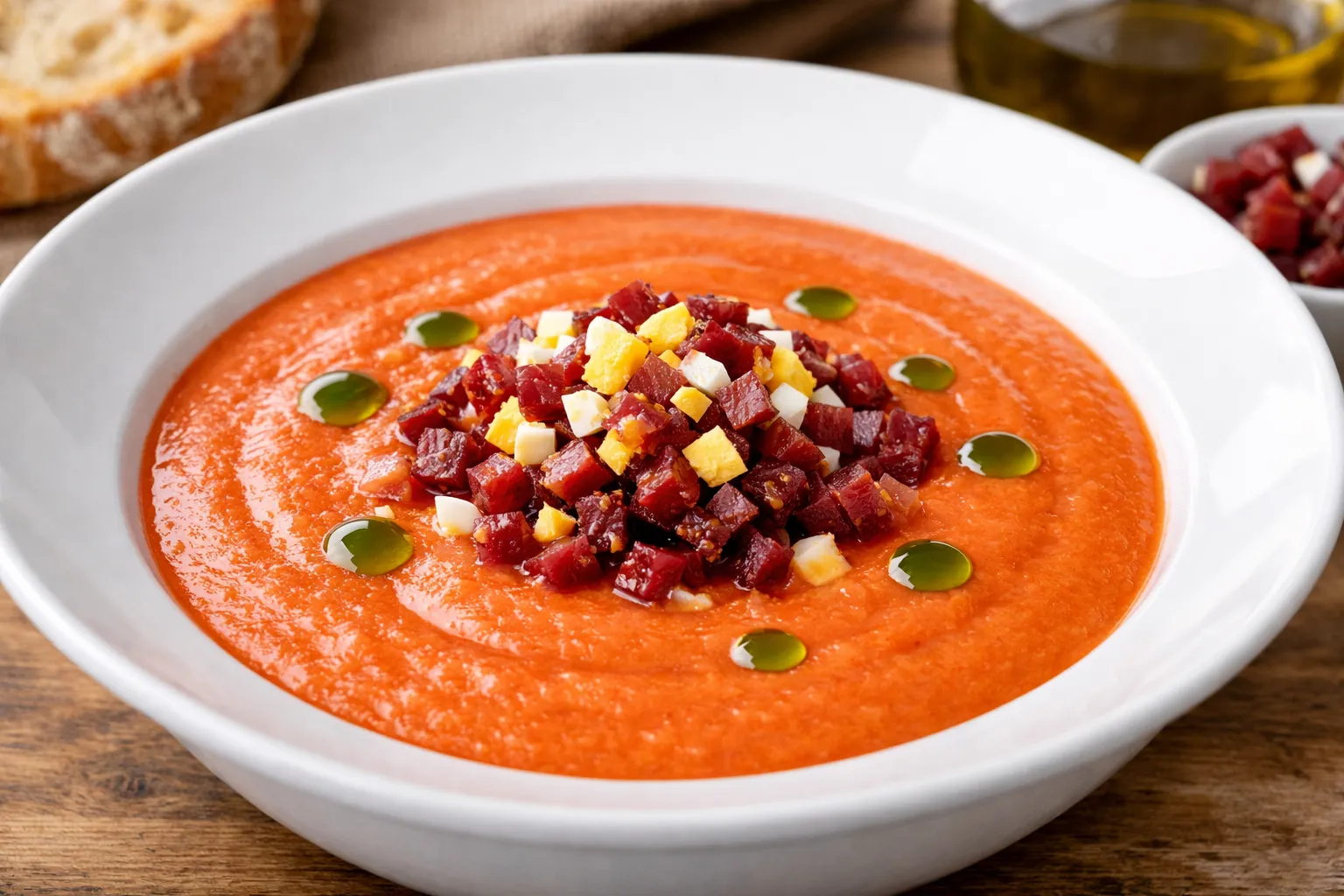 Plato terminado y emplatado: Salmorejo cordobés con jamón y huevo