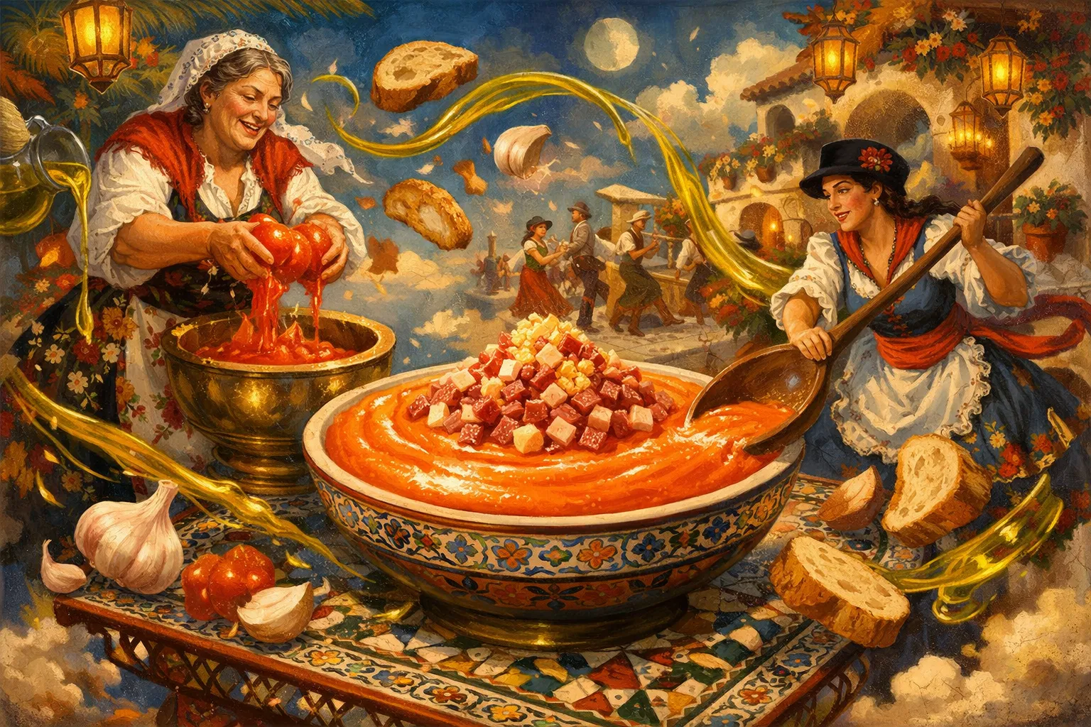 Composición final humorística de Salmorejo cordobés con jamón y huevo con Tomates pera bien maduros (muy rojos), Pan de telera cordobesa (o pan blanco de miga densa, del día anterior), Aceite de Oliva Virgen Extra (AOVE, preferiblemente picual o arbequina), Ajo (sin el germen central para que repita menos), Sal marina fina