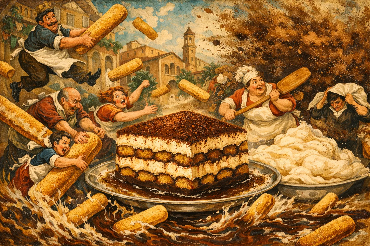 Composición final humorística de Tiramisú clásico italiano con Queso Mascarpone (muy frío), Huevos grandes muy frescos (preferiblemente pasteurizados si hay riesgo), Azúcar blanco, Bizcochos de soletilla duros (Savoiardi), Café expreso o de cafetera italiana (amargo y ya frío)