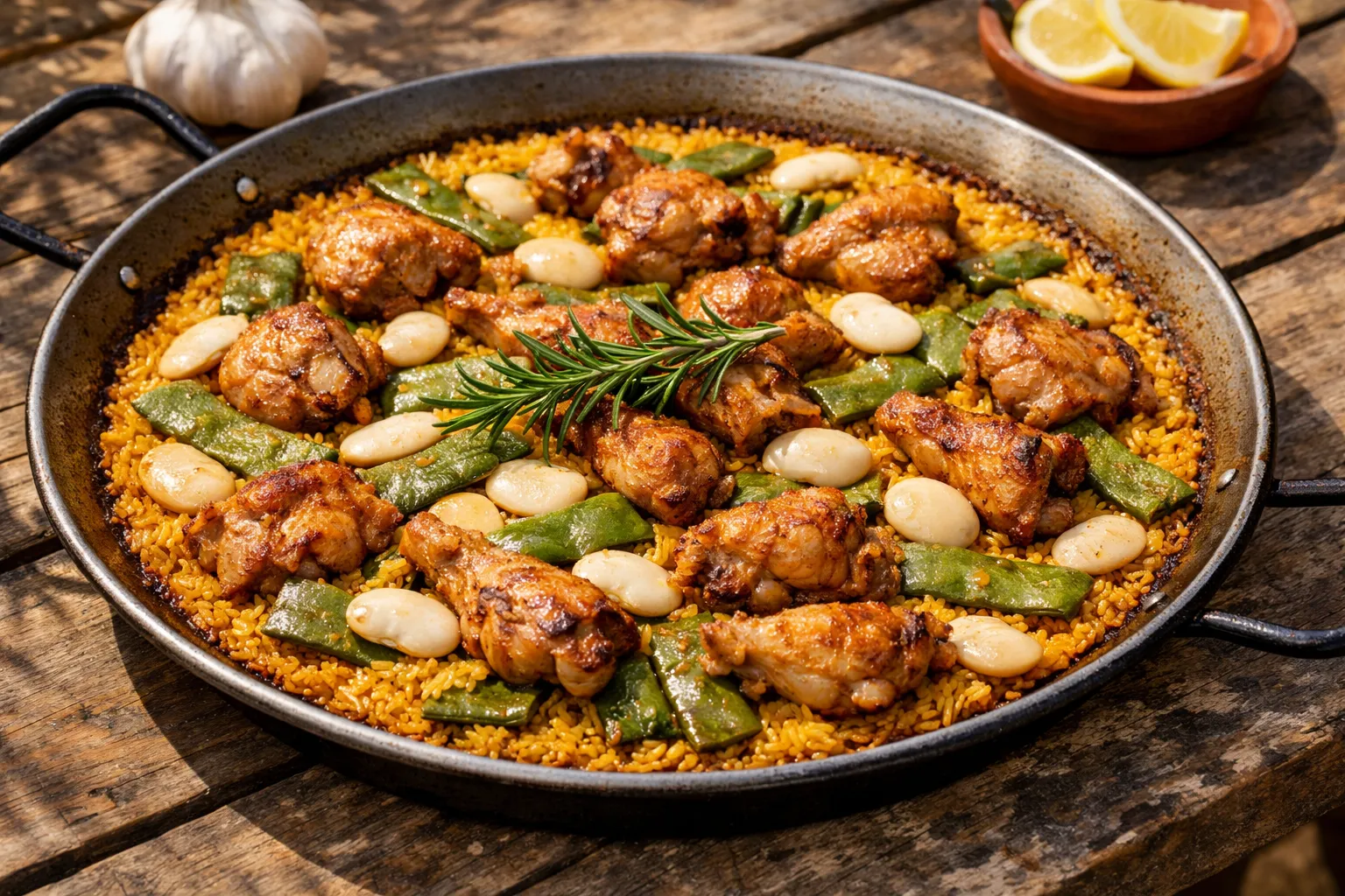 Plato terminado y emplatado: Paella valenciana auténtica (pollo, conejo y bachoqueta)