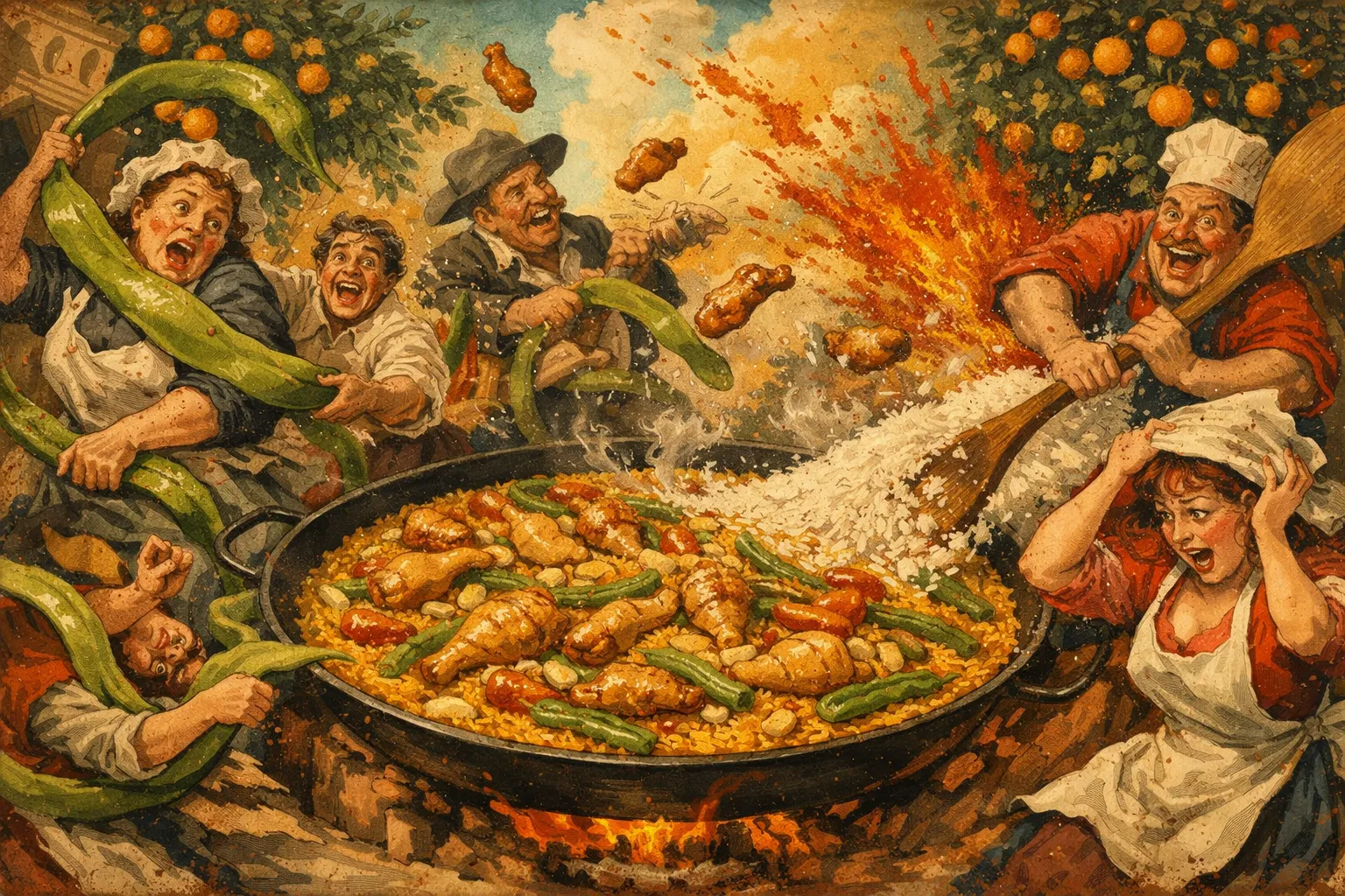 Composición final humorística de Paella valenciana auténtica (pollo, conejo y bachoqueta) con Arroz D.O. Valencia (tipo Bomba, Senia o Albufera), Pollo troceado (preferiblemente corral), Conejo troceado, Bajoqueta (judía verde plana ancha), Garrofón (alubia blanca grande, fresca o hidratada)