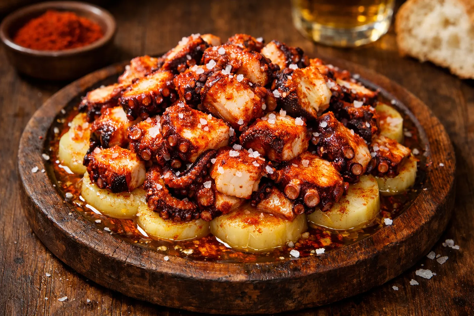 Plato terminado y emplatado: Pulpo a la gallega (Polbo á feira) con cachelos