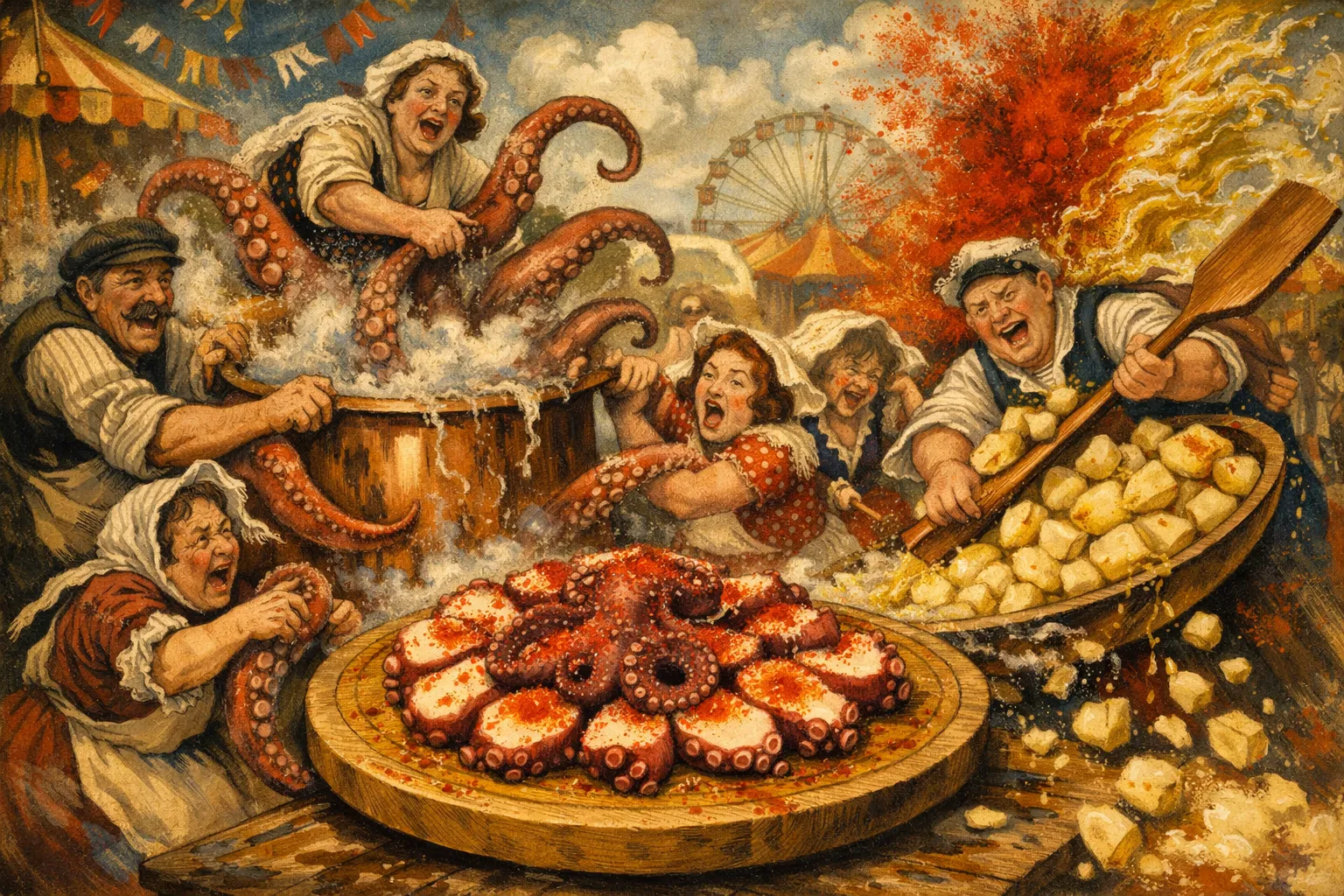 Composición final humorística de Pulpo a la gallega (Polbo á feira) con cachelos con Pulpo entero gallego (debe estar congelado al menos una semana antes, o comprado ya congelado, para romper sus fibras), Patatas gallegas (variedad Kennebec para 'cachelos'), Aceite de oliva virgen extra, Pimentón dulce de la Vera, Pimentón picante de la Vera (opcional, aunque la mezcla es lo tradicional)