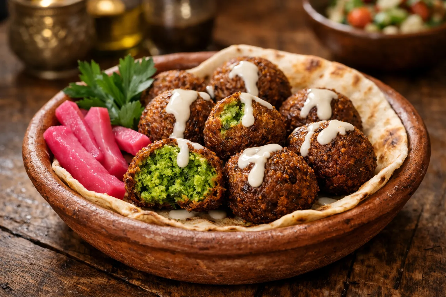 Plato terminado y emplatado: Falafel Auténtico con Salsa Tahini