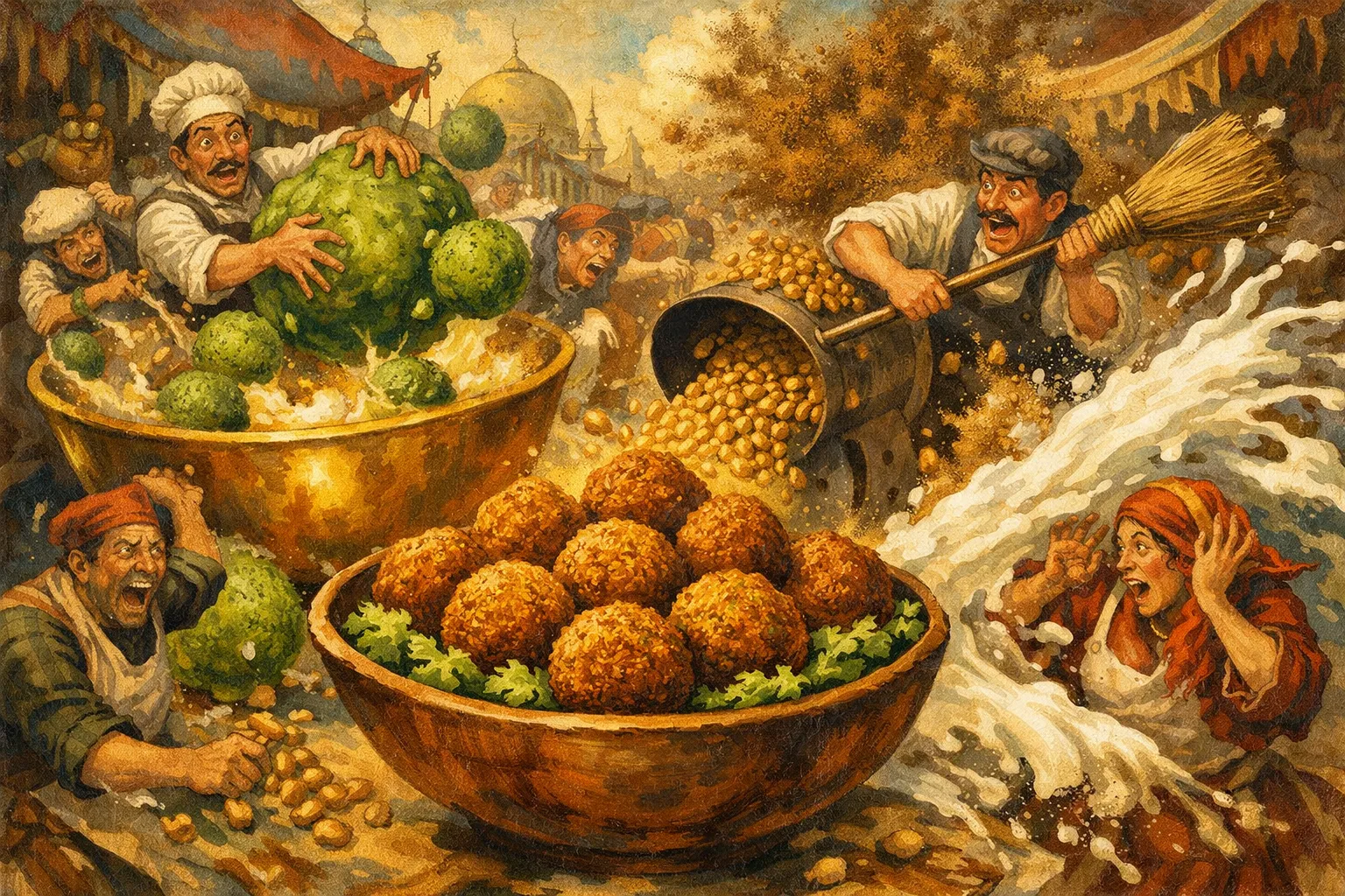 Composición final humorística de Falafel Auténtico con Salsa Tahini con Garbanzos secos (NUNCA cocidos o de bote), Cebolla, Dientes de ajo, Perejil fresco, Cilantro fresco