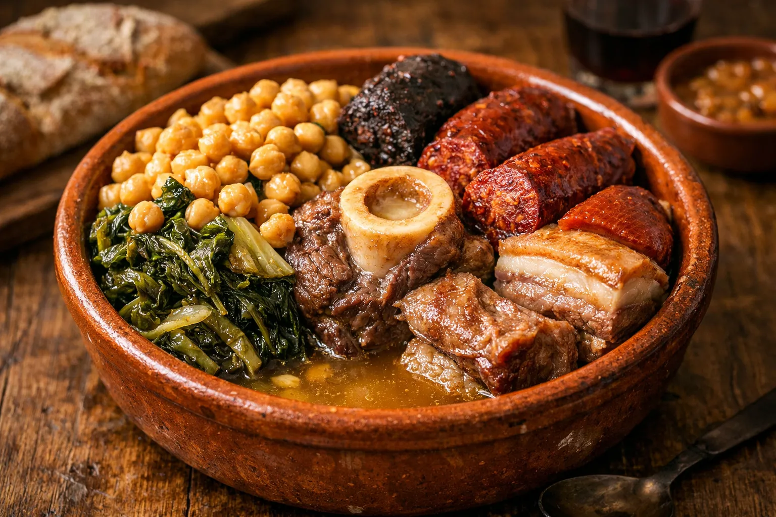 Plato terminado y emplatado: Cocido Madrileño Completo (Tres Vuelcos)