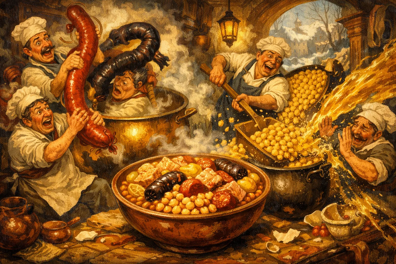 Composición final humorística de Cocido Madrileño Completo (Tres Vuelcos) con Garbanzos secos (preferiblemente variedad pedrosillano o blanco lechoso), Morcillo de ternera, Hueso de caña con tuétano, Hueso de jamón ibérico, Panceta de cerdo ibérico (tocino entreverado)