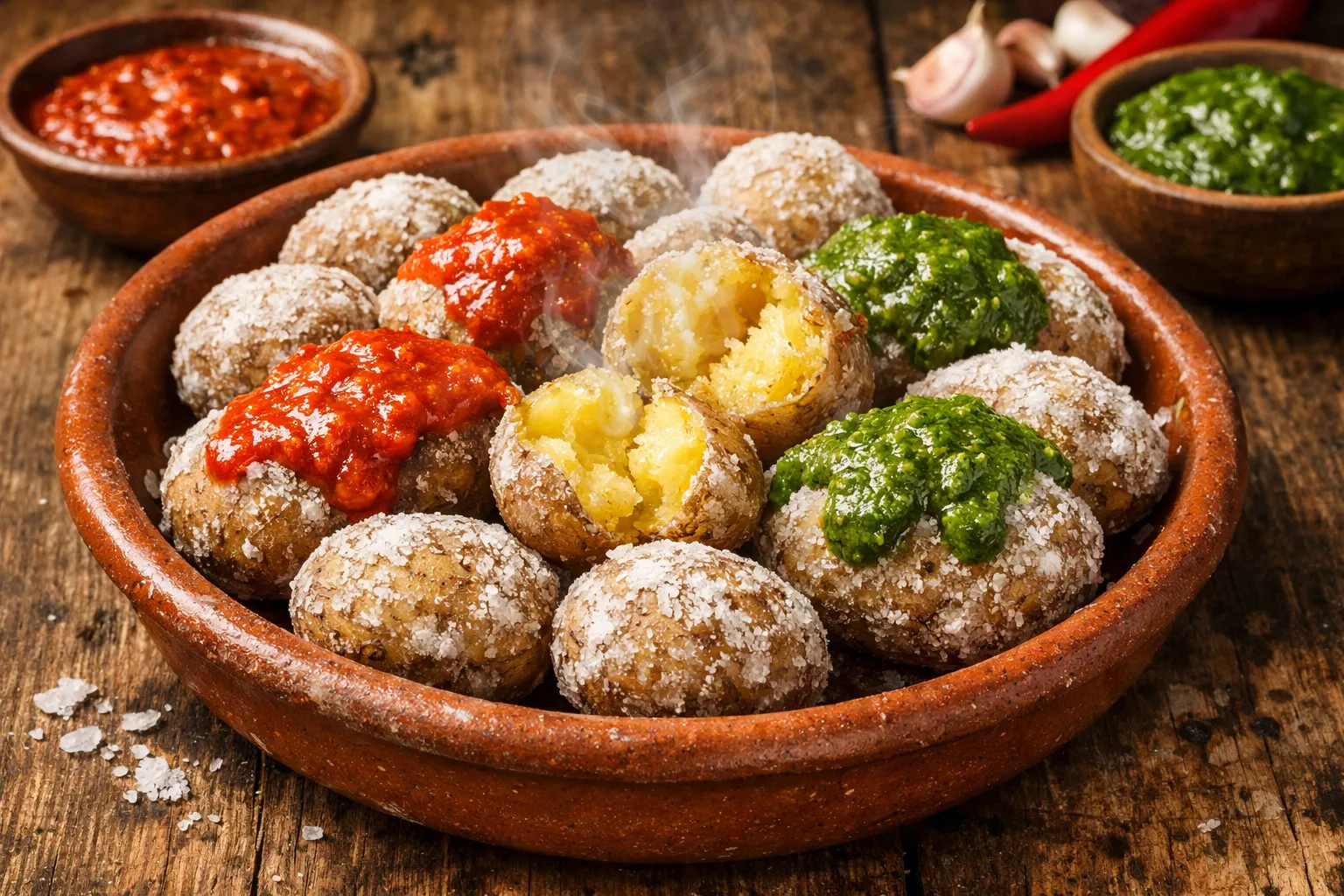 Plato terminado y emplatado: Papas Arrugadas con Mojo Picón y Mojo Verde