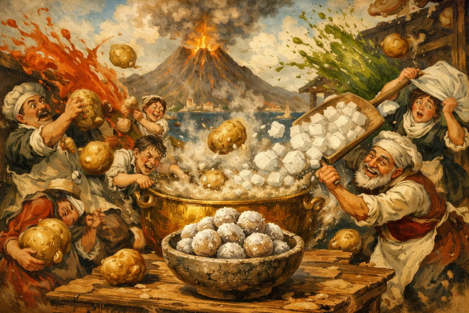 Composición final humorística de Papas Arrugadas con Mojo Picón y Mojo Verde con Papas pequeñas para arrugar (variedad bonita, negra u ojo de perdiz), Sal gorda marina (cantidad abundante), Agua, Limón (opcional, medio, se echa al agua para ayudar a blanquear la sal), Ajos pelados (Mojo Picón)