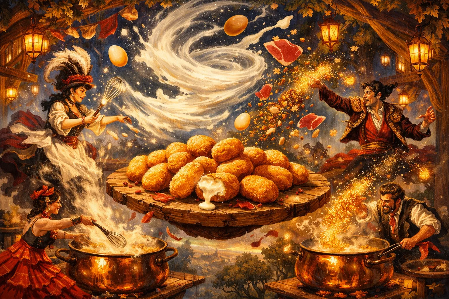 Composición final humorística de Croquetas Cremosas de Jamón Ibérico con Jamón Ibérico picado muy fino, Hueso de jamón ibérico (para infusionar la leche), Leche entera (preferiblemente fresca), Mantequilla sin sal, Harina de trigo de uso común