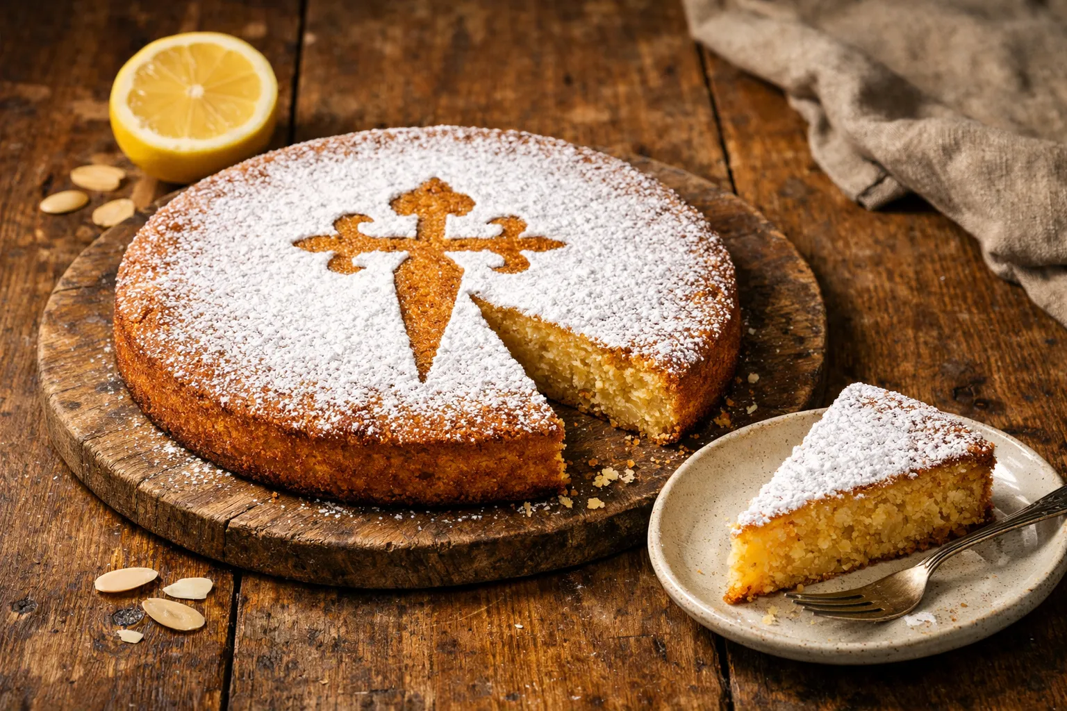 Plato terminado y emplatado: Tarta de Santiago (Almendra y Limón)