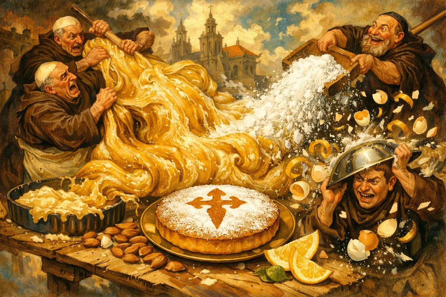 Composición final humorística de Tarta de Santiago (Almendra y Limón) con Almendra cruda molida de alta calidad (variedad Marcona idealmente), Azúcar blanco, Huevos camperos grandes (tamaño L), Ralladura de limón fresco (solo la parte amarilla), Canela en polvo