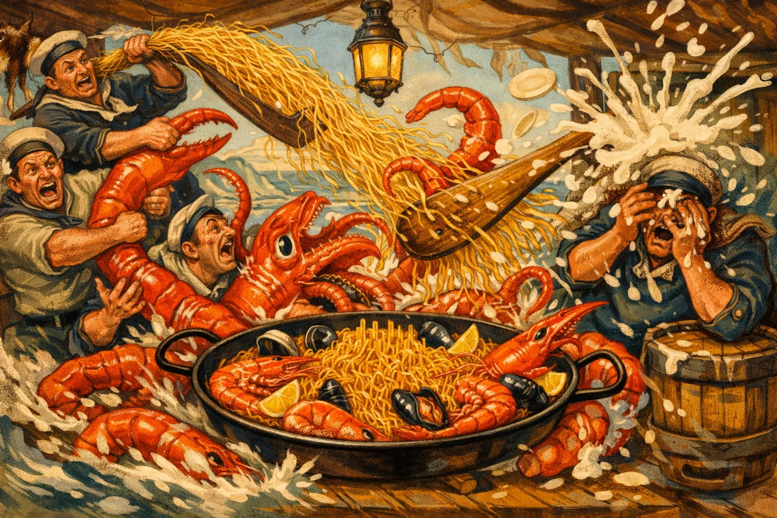 Composición final humorística de Fideuá de Marisco estilo Gandía con Fideo especial para fideuá (nº3 o fideo perla hueco), Gambón o gamba roja fresca, Cigalas, Sepia limpia (guardando la melsa o bazo si es posible), Morralla (Pescado de roca y espinas para el caldo)