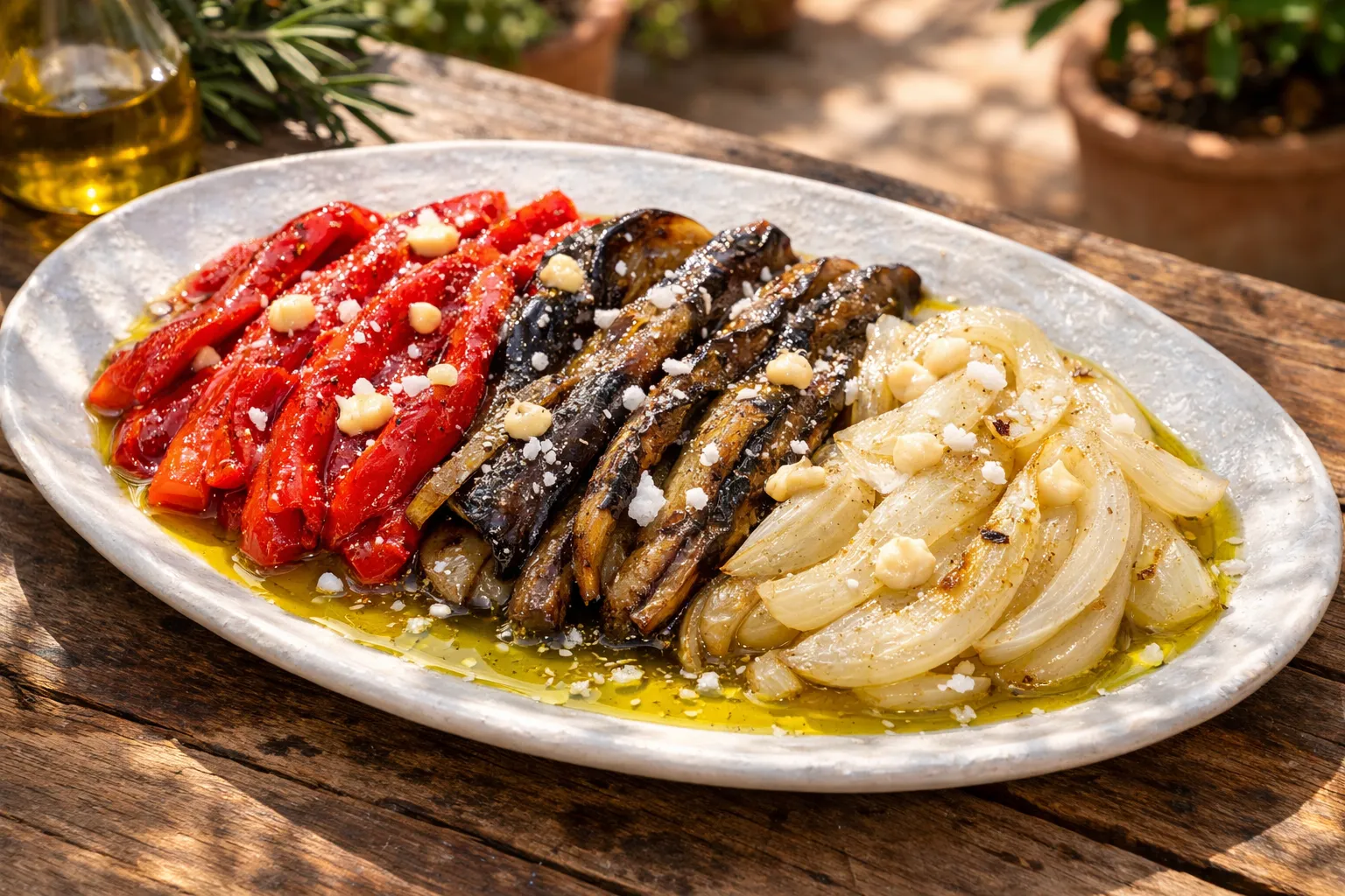 Plato terminado y emplatado: Escalivada Catalana de Pimiento y Berenjena