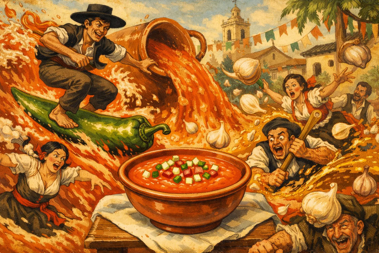 Composición final humorística de Gazpacho Andaluz Tradicional con Tomates maduros (tipo Pera o en rama, muy rojos), Pimiento verde italiano (fino y alargado), Pepino, Cebolla blanca o cebolleta pequeña, Diente de ajo